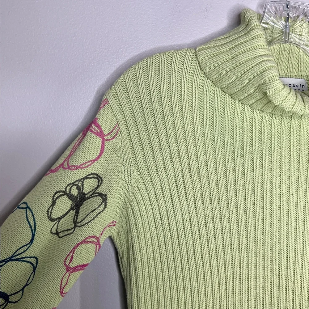 Cousin Johnny Whimsical Floral Lime Green Contour Knit Funnel Neck Sweater